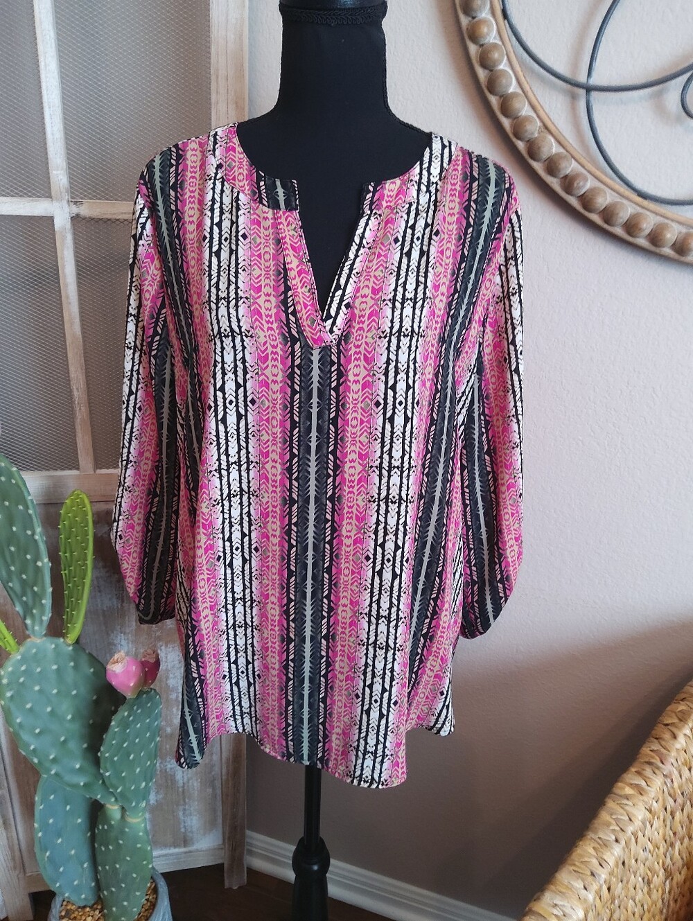 Est. 1946 Women's Pink & Black Striped V-Notch Tunic Top